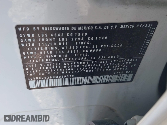 2022 Volkswagen Taos SE с VIN 3VVRX7B29NM069379, выставлен на аукционе IAAI как лот 42045400 с пробегом 45 788 миль миль и . История ставок и продаж доступна на DreamBid. Изображение 9.
