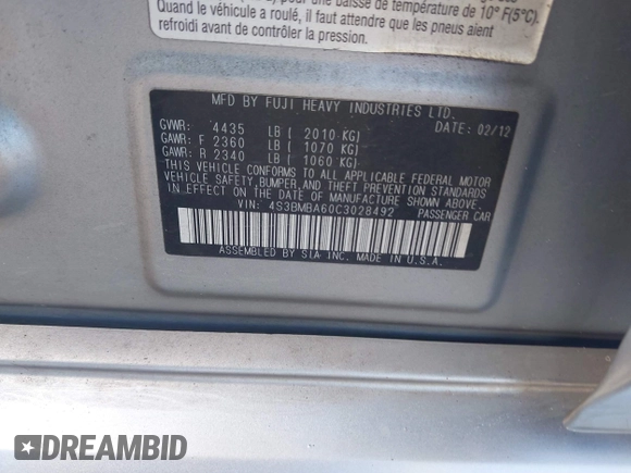 2012 Subaru Legacy 2.5i with VIN 4S3BMBA60C3028492, listed as a IAAI auction lot 42734782 with 175,457 mi miles and . Bid and sale history available at DreamBid. Image 9.