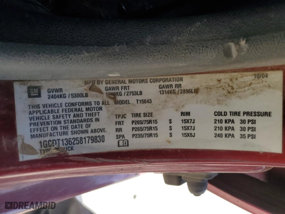 2005 Chevrolet Colorado 1SF LS Z71 with VIN 1GCDT136258179830, listed as a Copart auction lot 52709835 with 206,029 mi miles and Salvage Title. Bid and sale history available at carsss.com. Image 13.
