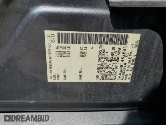 2014 Nissan Maxima S with VIN 1N4AA5AP8EC482691, listed as a Copart auction lot 60289605 with 179,383 mi miles and Salvage title. Bid and sale history available at DreamBid. Image 12.