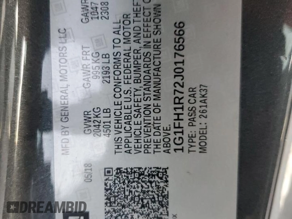 2018 Chevrolet Camaro 2SS with VIN 1G1FH1R72J0176566, listed as a Copart auction lot 87907715 with Not provided miles and Salvage title. Bid and sale history available at DreamBid. Image 14.