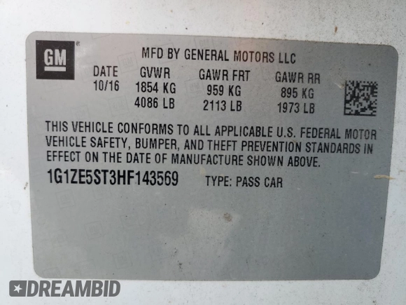 2017 Chevrolet Malibu LT with VIN 1G1ZE5ST3HF143569, listed as a Copart auction lot 49544845 with Not Provided miles and Salvage Title. Bid and sale history available at DreamBid. Image 14.