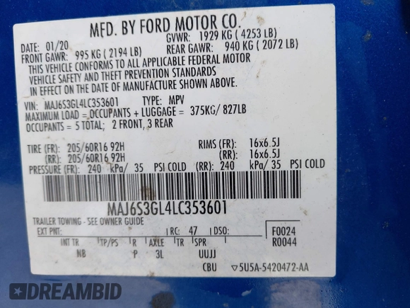 2020 Ford EcoSport SE with VIN MAJ6S3GL4LC353601, listed as a IAAI auction lot 41952022 with 94,889 mi miles and . Bid and sale history available at carsss.com. Image 9.