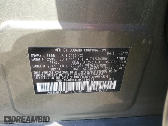 2019 Subaru Outback Touring with VIN 4S4BSATC9K3310028, listed as a Copart auction lot 56922665 with 218,155 mi miles and Salvage title. Bid and sale history available at DreamBid. Image 13.