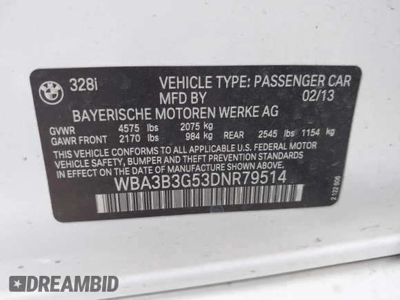 2013 BMW 3 Series 328i xDrive with VIN WBA3B3G53DNR79514, listed as a IAAI auction lot 41662949 with 104,125 mi miles. Bid and sale history available at carsss.com. Image 9.
