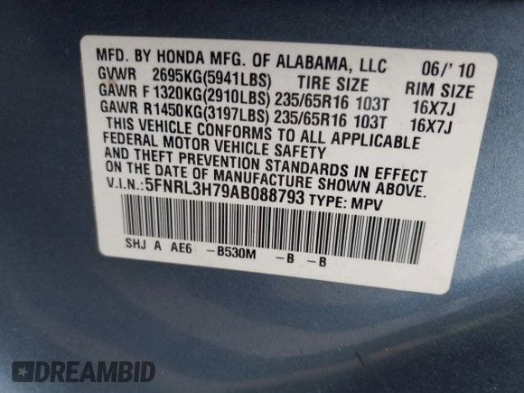 2010 Honda Odyssey EX-L with VIN 5FNRL3H79AB088793, listed as a IAAI auction lot 42008558 with 282,980 mi miles. Bid and sale history available at carsss.com. Image 9.