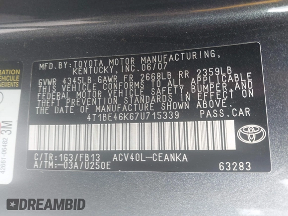 2007 Toyota Camry CE with VIN 4T1BE46K67U715339, listed as a IAAI auction lot 42012679 with 89,085 mi miles and . Bid and sale history available at DreamBid. Image 9.