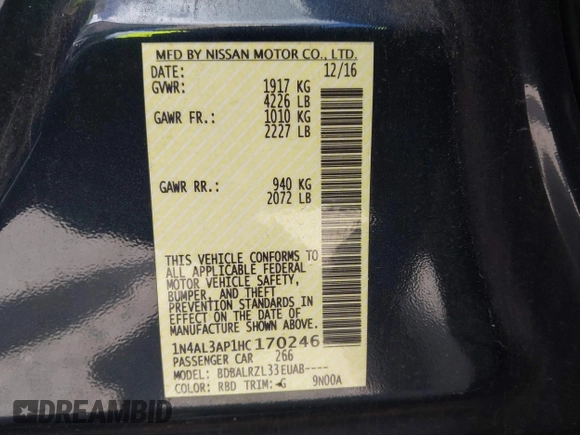2017 Nissan Altima SV with VIN 1N4AL3AP1HC170246, listed as a IAAI auction lot 42594543 with 150,230 mi miles and . Bid and sale history available at DreamBid. Image 9.