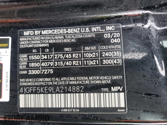 2020 Mercedes-Benz GLS 450 with VIN 4JGFF5KE9LA214882, listed as a Copart auction lot 50508805 with 104,120 mi miles and Salvage Title. Bid and sale history available at DreamBid. Image 14.