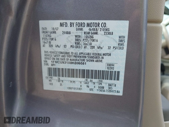 2008 Ford Escape XLT с VIN 1FMCU931X8KB99581, выставлен на аукционе IAAI как лот 42681620 с пробегом 117 607 миль миль и . История ставок и продаж доступна на DreamBid. Изображение 9.