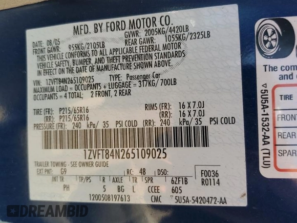 2006 Ford Mustang Standard with VIN 1ZVFT84N265109025, listed as a Copart auction lot 57317845 with 94,626 mi miles and Salvage title. Bid and sale history available at DreamBid. Image 13.