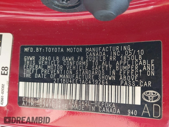 2010 Toyota Corolla with VIN 2T1BU4EE1AC419264, listed as a IAAI auction lot 41892287 with 231,985 mi miles and . Bid and sale history available at DreamBid. Image 9.