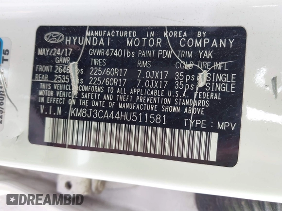 2017 Hyundai Tucson SE with VIN KM8J3CA44HU511581, listed as a IAAI auction lot 41687971 with 111,981 mi miles. Bid and sale history available at carsss.com. Image 9.