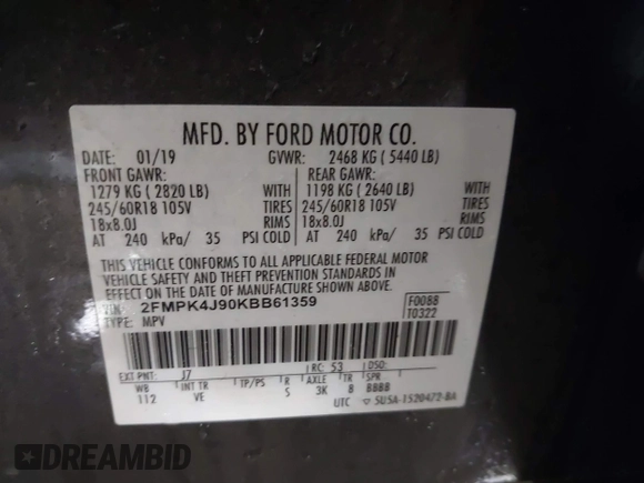 2019 Ford Edge SEL with VIN 2FMPK4J90KBB61359, listed as a IAAI auction lot 41614900 with 60,141 mi miles. Bid and sale history available at carsss.com. Image 9.