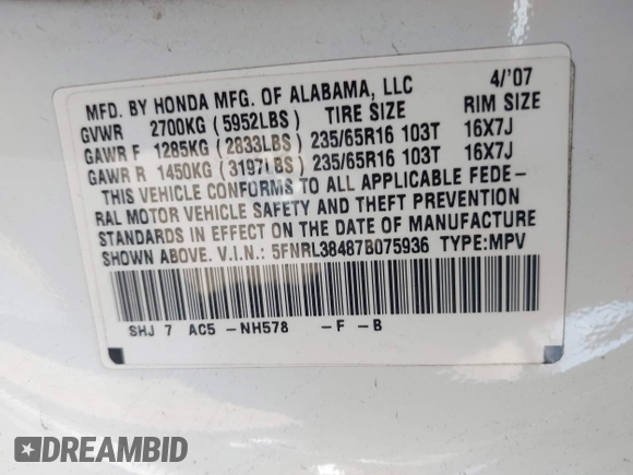 2007 Honda Odyssey EX with VIN 5FNRL38487B075936, listed as a IAAI auction lot 42052061 with 188,279 mi miles and . Bid and sale history available at DreamBid. Image 9.