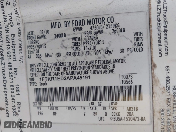 2010 Ford Ranger XL with VIN 1FTKR1ED2APA45191, listed as a IAAI auction lot 41651268 with 216,691 mi miles and . Bid and sale history available at DreamBid. Image 9.