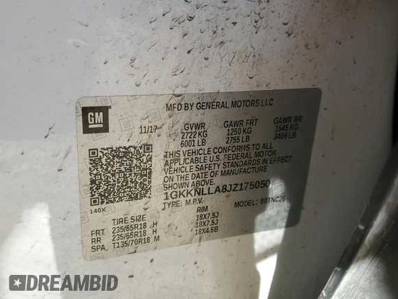 2018 GMC Acadia SLE with VIN 1GKKNLLA8JZ175050, listed as a Copart auction lot 86173854 with 216,609 mi miles and Salvage Title. Bid and sale history available at DreamBid. Image 16.