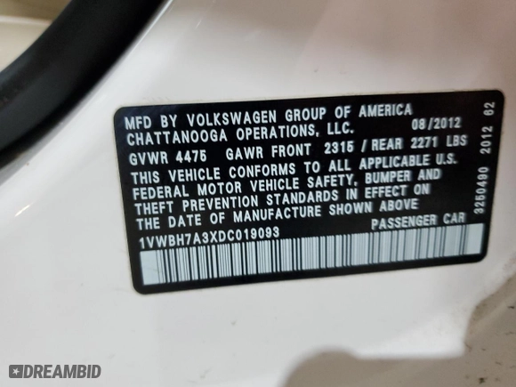 2013 Volkswagen Passat SE w/Sunroof with VIN 1VWBH7A3XDC019093, listed as a Copart auction lot 83589944 with 128,018 mi miles and Salvage Title. Bid and sale history available at carsss.com. Image 12.