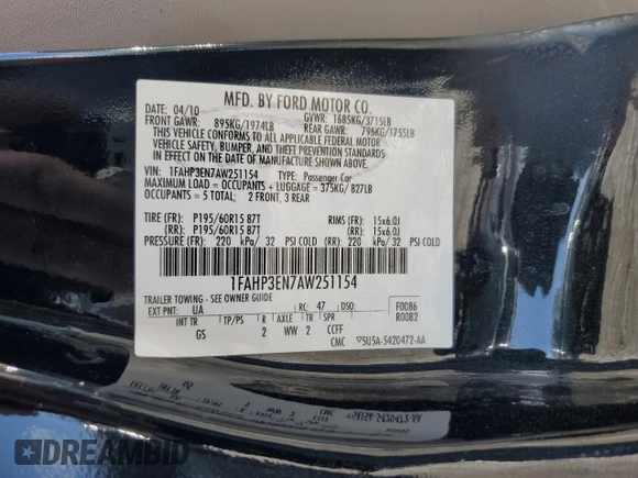 2010 Ford Focus S with VIN 1FAHP3EN7AW251154, listed as a Copart auction lot 44527545 with 107,058 mi miles and Salvage Title. Bid and sale history available at carsss.com. Image 12.