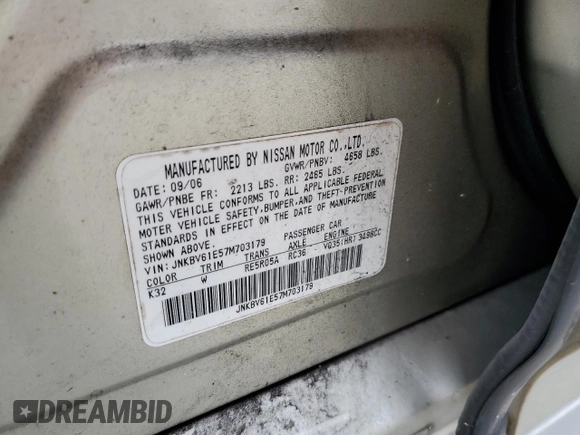 2007 Infiniti G35 Sport with VIN JNKBV61E57M703179, listed as a Copart auction lot 78223534 with 174,623 mi miles and Salvage Title. Bid and sale history available at DreamBid. Image 12.