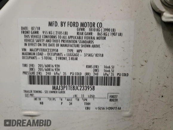 2018 Ford EcoSport SE with VIN MAJ3P1TE8JC233958, listed as a Copart auction lot 52724095 with 97,071 mi miles and Salvage Title. Bid and sale history available at DreamBid. Image 16.