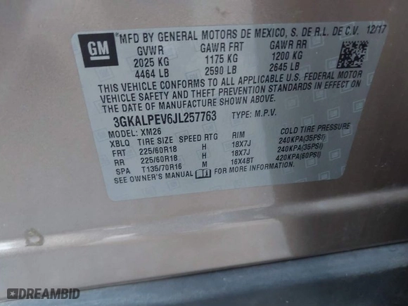2018 GMC Terrain SLT with VIN 3GKALPEV6JL257763, listed as a IAAI auction lot 41130425 with 58,711 mi miles. Bid and sale history available at carsss.com. Image 9.