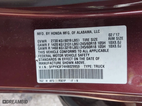 2017 Honda Ridgeline RTL-E with VIN 5FPYK3F74HB029959, listed as a IAAI auction lot 40530840 with 95,596 mi miles. Bid and sale history available at carsss.com. Image 9.