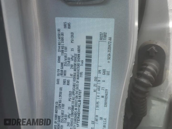 2019 Ford Ranger XL with VIN 1FTER4EH1KLB18707, listed as a Copart auction lot 59473515 with 32,301 mi miles and Salvage title. Bid and sale history available at DreamBid. Image 12.