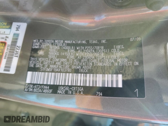 2010 Toyota Tundra z VIN 5TFUW5F19AX103780, wystawiony jako Copart lot #47757515 z przebiegiem 142 221 mil mil oraz Szkoda całkowita • Salvage title. Historia ofert i sprzedaży dostępna na DreamBid. Obrazek 14.