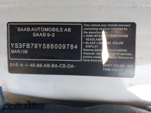 2008 Saab 9-3 z VIN YS3FB79Y586009784, wystawiony jako IAAI lot #42219678 z przebiegiem 178 463 mil mil oraz . Historia ofert i sprzedaży dostępna na DreamBid. Obrazek 9.