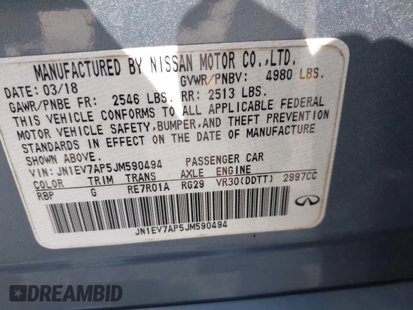 2018 Infiniti Q50 Luxe with VIN JN1EV7AP5JM590494, listed as a IAAI auction lot 41936520 with 101,580 mi miles and . Bid and sale history available at carsss.com. Image 9.