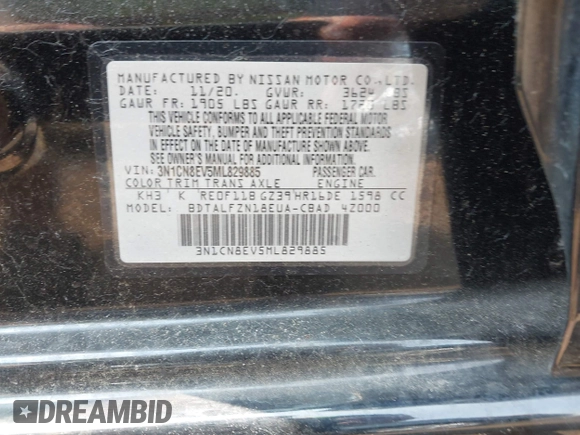 2021 Nissan Versa SV with VIN 3N1CN8EV5ML829885, listed as a IAAI auction lot 42407331 with 71,373 mi miles and . Bid and sale history available at DreamBid. Image 9.