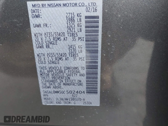 2016 Infiniti QX60 with VIN 5N1AL0MM5GC502404, listed as a IAAI auction lot 41347240 with 133,334 mi miles and . Bid and sale history available at DreamBid. Image 9.