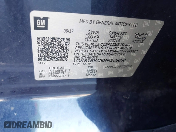 2017 GMC Yukon SLT with VIN 1GKS1BKC9HR356600, listed as a IAAI auction lot 41694218 with 155,855 mi miles. Bid and sale history available at carsss.com. Image 9.