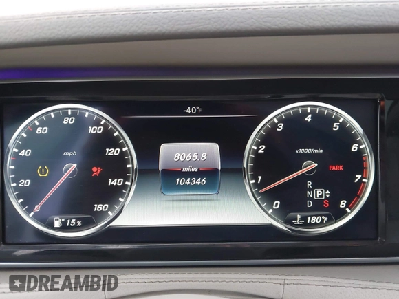 2015 Mercedes-Benz S-Class S 550 with VIN WDDUG8CB6FA185219, listed as a IAAI auction lot 42032135 with 104,346 mi miles. Bid and sale history available at carsss.com. Image 7.