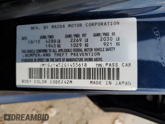 2016 Mazda 6 i Grand Touring with VIN JM1GJ1W52G1455618, listed as a Copart auction lot 47136835 with 109,802 mi miles and Salvage Title. Bid and sale history available at DreamBid. Image 13.