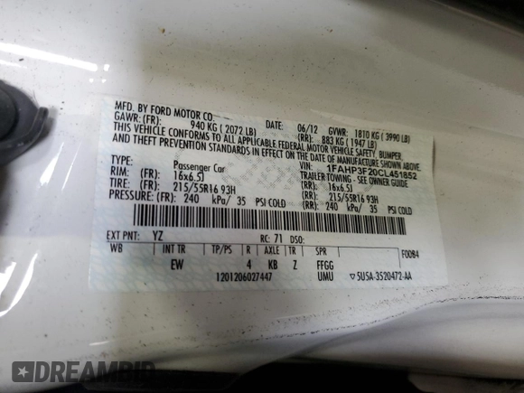 2012 Ford Focus SE with VIN 1FAHP3F20CL451852, listed as a Copart auction lot 60310765 with 150,305 mi miles and Salvage title. Bid and sale history available at DreamBid. Image 12.