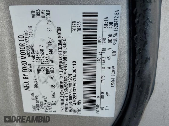 2007 Mercury Mountaineer with VIN 4M2EU37E07UJ06118, listed as a Copart auction lot 84215154 with 171,891 mi miles and Salvage title. Bid and sale history available at DreamBid. Image 13.