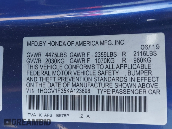 2019 Honda Accord Sedan Sport 1.5T with VIN 1HGCV1F35KA123698, listed as a IAAI auction lot 41825649 with 122,695 mi miles. Bid and sale history available at carsss.com. Image 9.