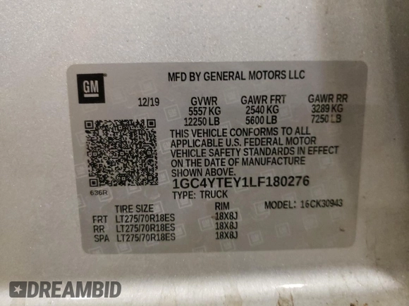 2020 Chevrolet Silverado 3500HD LT with VIN 1GC4YTEY1LF180276, listed as a Copart auction lot 84657674 with 137,071 mi miles and Salvage Title. Bid and sale history available at carsss.com. Image 12.
