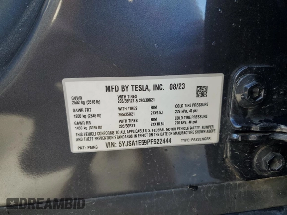 2023 Tesla Model S with VIN 5YJSA1E59PF522444, listed as a Copart auction lot 49835095 with Not provided miles and Salvage title. Bid and sale history available at DreamBid. Image 12.