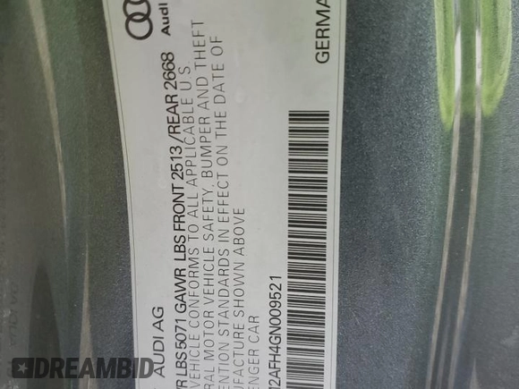 2016 Audi A5 Premium Plus with VIN WAUM2AFH4GN009521, listed as a Copart auction lot 50829865 with 111,379 mi miles and Salvage Title. Bid and sale history available at carsss.com. Image 12.