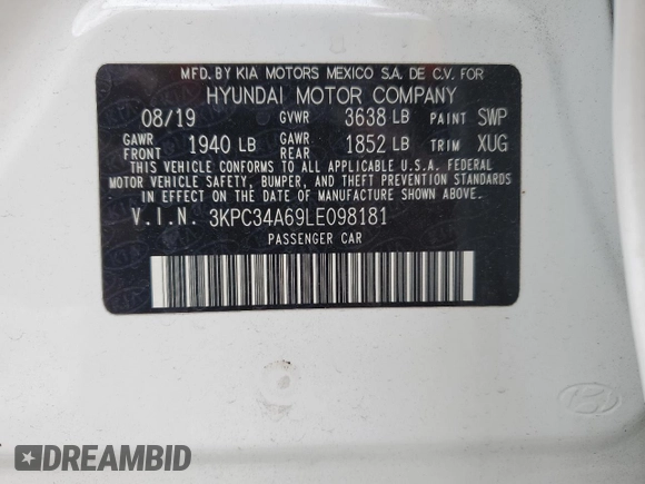 2020 Hyundai Accent Limited with VIN 3KPC34A69LE098181, listed as a Copart auction lot 37465564 with 20,488 mi miles. Bid and sale history available at carsss.com. Image 12.