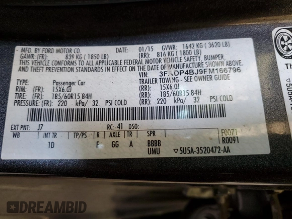 2015 Ford Fiesta SE z VIN 3FADP4BJ9FM166796, wystawiony jako Copart lot #54308455 z przebiegiem 42 875 mil mil oraz Nie do naprawy • Non repairable. Historia ofert i sprzedaży dostępna na DreamBid. Obrazek 13.