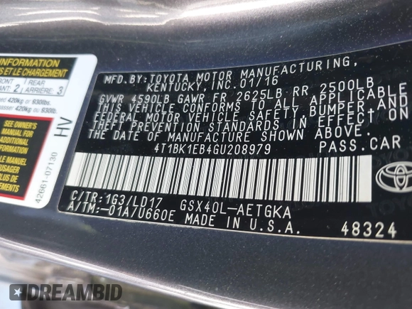 2016 Toyota Avalon Limited with VIN 4T1BK1EB4GU208979, listed as a IAAI auction lot 42032374 with 242,738 mi miles and . Bid and sale history available at carsss.com. Image 9.