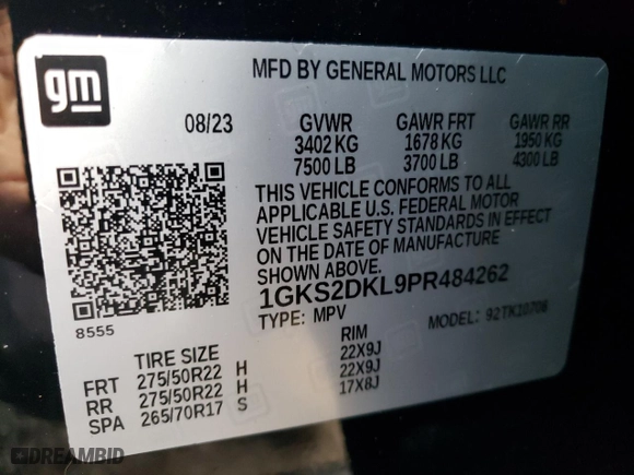 2023 GMC Yukon Denali with VIN 1GKS2DKL9PR484262, listed as a Copart auction lot 82388854 with 12,676 mi miles and Salvage Title. Bid and sale history available at carsss.com. Image 13.