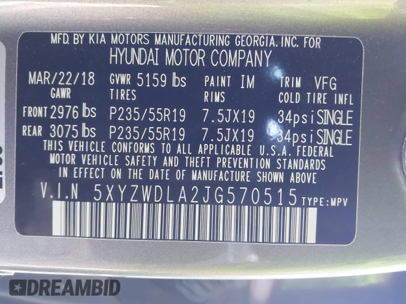 2018 Hyundai Santa Fe Ultimate with VIN 5XYZWDLA2JG570515, listed as a IAAI auction lot 41427397 with 67,135 mi miles and . Bid and sale history available at DreamBid. Image 9.