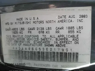 2003 Mitsubishi Galant ES z VIN 4A3AA46G53E217951, wystawiony jako IAAI lot #24872153 z przebiegiem 155 114 mil mil oraz . Historia ofert i sprzedaży dostępna na DreamBid. Obrazek 5.