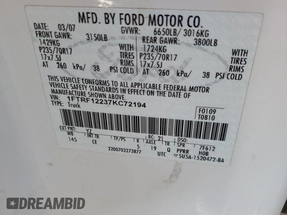 2007 Ford F-150 XL with VIN 1FTRF12237KC72194, listed as a Copart auction lot 86137584 with 245,058 mi miles and Clean Title. Bid and sale history available at carsss.com. Image 12.