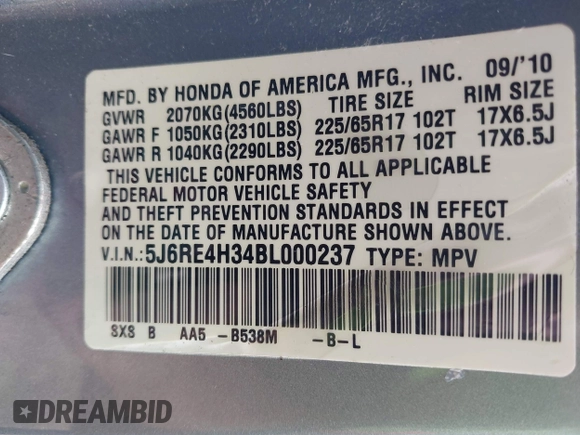 2011 Honda CR-V LX with VIN 5J6RE4H34BL000237, listed as a IAAI auction lot 42103825 with 85,874 mi miles and . Bid and sale history available at carsss.com. Image 9.